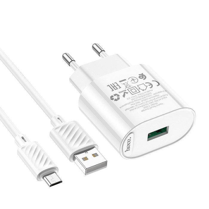 Мережевий зарядний пристрій з кабелем HOCO C109A Fighter single port QC3.0 charger set(Micro) White