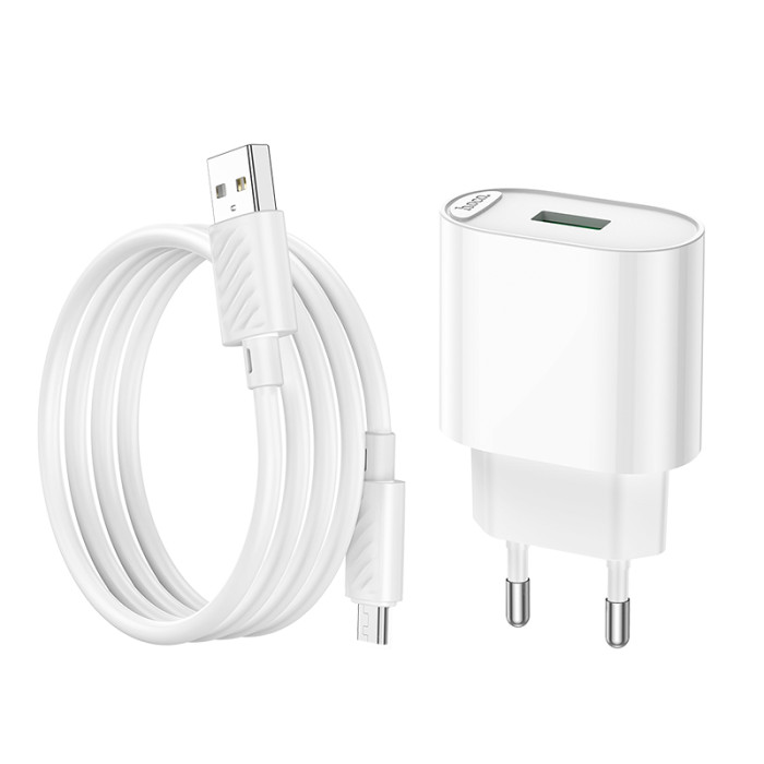 Мережевий зарядний пристрій з кабелем HOCO C109A Fighter single port QC3.0 charger set(Micro) White