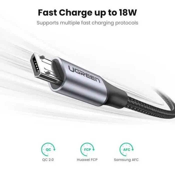 Кабель UGREEN US290 USB 2.0 A to Micro USB Cable Nickel Plating Aluminum Braid 2m (Black) (UGR-60148)