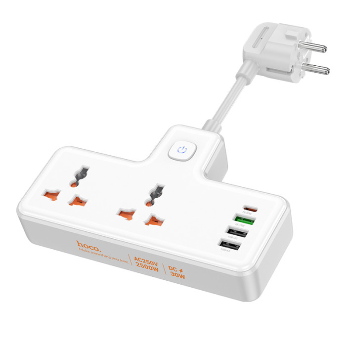 Мережевий подовжувач HOCO AC12A Reise 2-position expansion socket(PD30W/1C3A) (8.5 cm) White