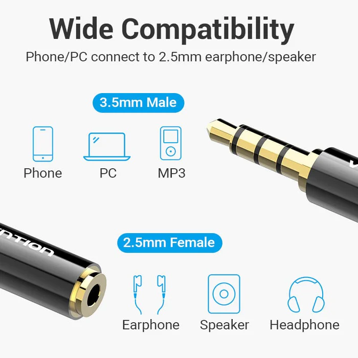 Аудіо перехідник Vention 3.5mm Male to 2.5mm Female Audio Adapter Black Metal Type (BFBB0)