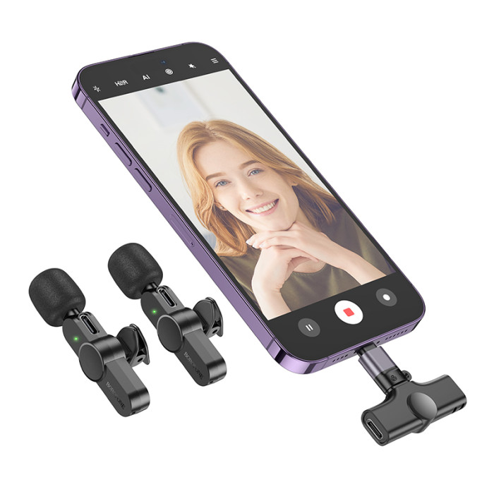 Бездротова мікрофонна система BOROFONE BFK12 Trophy lavalier dual-mic (iP/Type-C) Black
