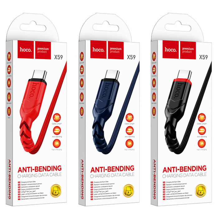 Кабель HOCO X59 USB to Type-C 3A, 1m, nylon, TPE connectors, Red