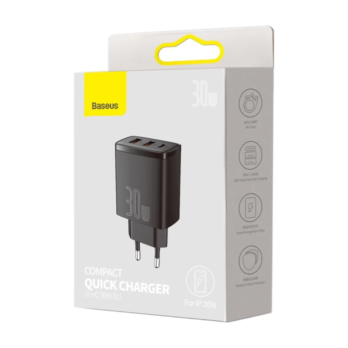 Мережевий зарядний пристрій Baseus Compact Quick Charger 2U+C 30W EU Black