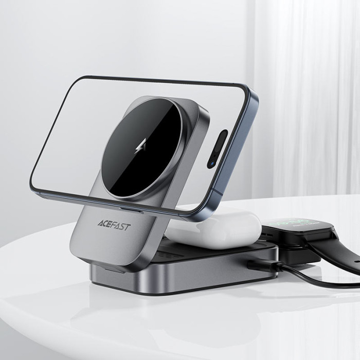 Бездротовий зарядний пристрій ACEFAST E22 Desktop 3-in-1 Wireless Charging holder Metal Gray