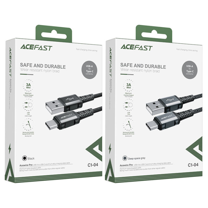 Кабель ACEFAST C1-04 USB to Type-C 3A, 1.2m, nylon aluminum connectors, Black