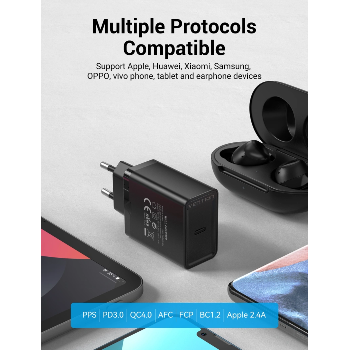 Мережевий зарядний пристрій Vention 1-port USB-C Wall Charger(20W) EU-Plug Black (FADB0-EU)
