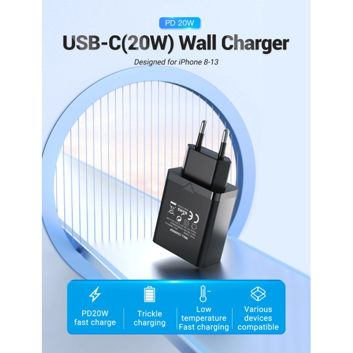 Мережевий зарядний пристрій Vention 1-port USB-C Wall Charger(20W) EU-Plug Black (FADB0-EU)