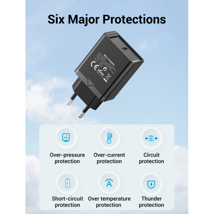 Мережевий зарядний пристрій Vention 1-port USB-C Wall Charger(20W) EU-Plug Black (FADB0-EU)