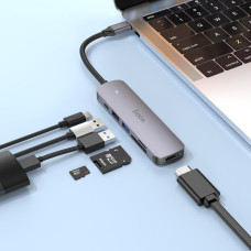 USB-хаб HOCO HB28 Type-C multi-function converter(HDTV+USB3.0+USB2.0+SD+TF+PD) Metal Gray