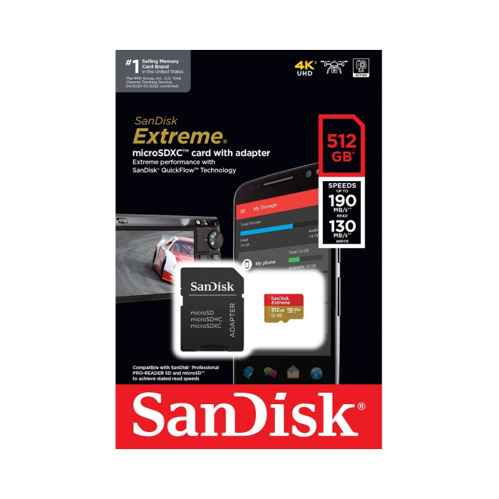 Карта пам'яті microSDXC (UHS-1 U3) SanDisk Extreme A2 512Gb class 10 V30 (R190MB/s,W130MB/s) (adapter SD)