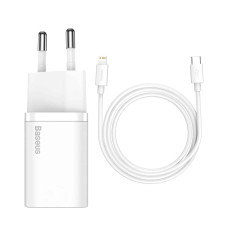 Мережевий зарядний пристрій з кабелем Baseus Super Si 1C 20W With Simple Wisdom Data Cable Type-C/iP 1m White