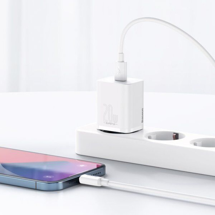 Мережевий зарядний пристрій з кабелем Baseus Super Si 1C 20W With Simple Wisdom Data Cable Type-C/iP 1m White
