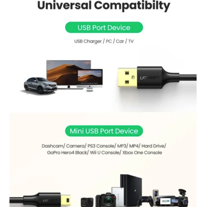 Перехідник UGREEN US132 USB 2.0 A Male to Mini 5 Pin Male Cable 1m (Black)(UGR-10355)