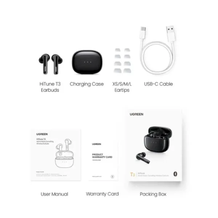 Бездротові навушники UGREEN WS106 HiTune T3 Active Noise-Cancelling Wireless Earbuds, IPX5, Black (UGR-90401)