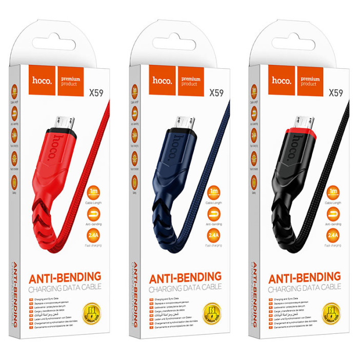 Кабель HOCO X59 USB to Micro 2.4A, 1m, nylon, TPE connectors, Black