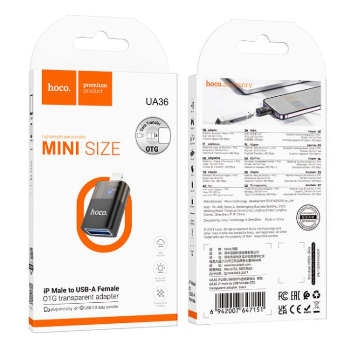 Перехідник HOCO UA36 iP male to USB female OTG transparent adapter Black