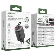 Мережевий зарядний пристрій з кабелем ACEFAST A111 PD67W GaN charger(2*USB-C+USB-A) with retractable cable Black