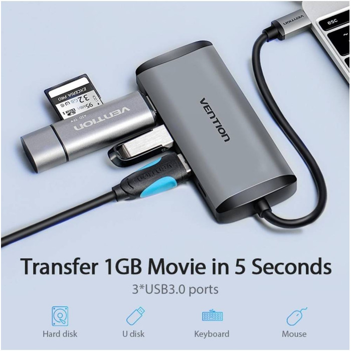 USB-хаб Vention Type-C to HDMI/USB3.0*3/PD Converter 0.15M Gray Metal Type (CNBHB)