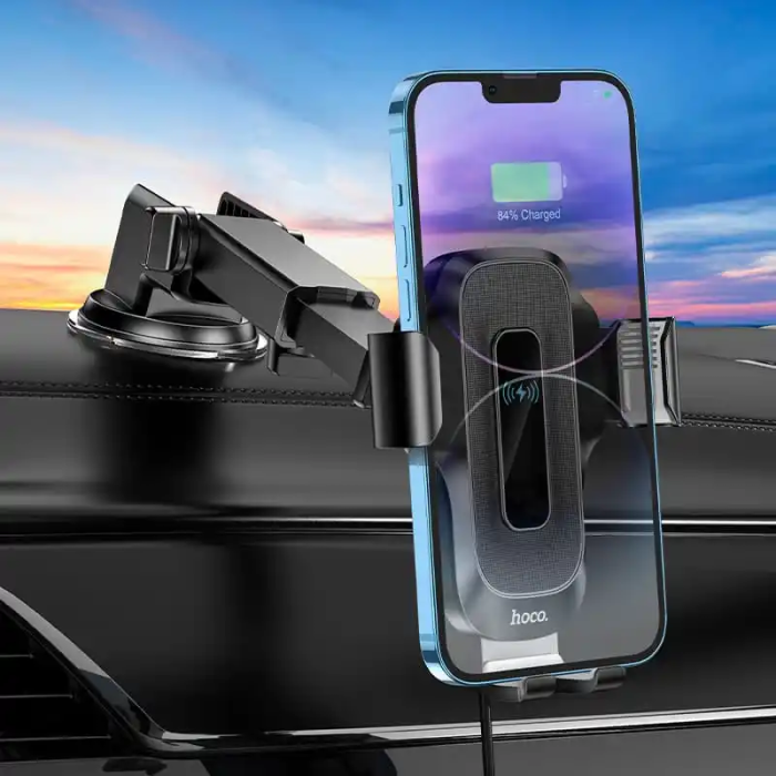 Автотримач для телефона з БЗП HOCO HW3 Wise automatic induction wireless fast charging car holder(center console) Black