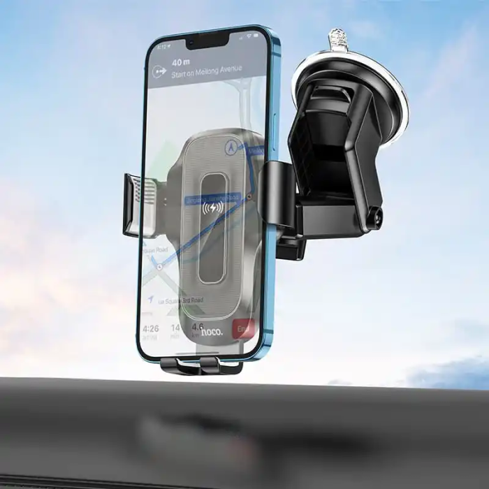 Автотримач для телефона з БЗП HOCO HW3 Wise automatic induction wireless fast charging car holder(center console) Black