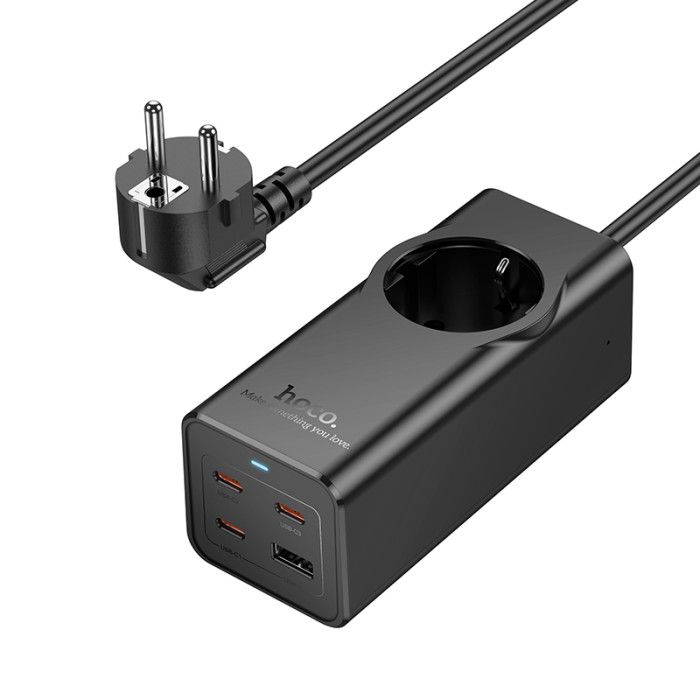 Мережевий подовжувач HOCO NS9 Wisdom 1-position (PD67W/3C1A) desktop socket (EU/GER) (2 m) Black