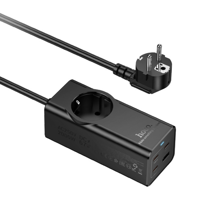 Мережевий подовжувач HOCO NS9 Wisdom 1-position (PD67W/3C1A) desktop socket (EU/GER) (2 m) Black