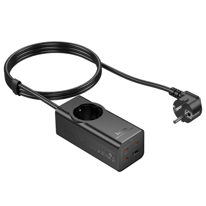 Мережевий подовжувач HOCO NS9 Wisdom 1-position (PD67W/3C1A) desktop socket (EU/GER) (2 m) Black