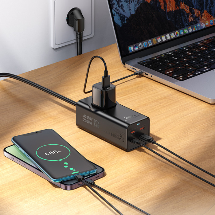 Мережевий подовжувач HOCO NS9 Wisdom 1-position (PD67W/3C1A) desktop socket (EU/GER) (2 m) Black