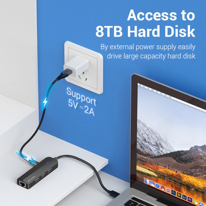 USB-хаб Vention USB-C to USB 3.0*3/RJ45/Micro-B HUB 0.15M Black ABS Type