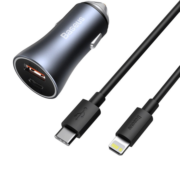 Автомобільний зарядний пристрій Baseus Golden Contactor Pro Dual Car Charger U+C 40W (With Cable Type-C/ iP 1m) Dark Grey