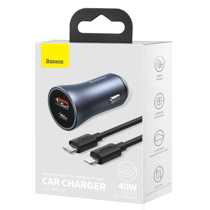Автомобільний зарядний пристрій Baseus Golden Contactor Pro Dual Car Charger U+C 40W (With Cable Type-C/ iP 1m) Dark Grey