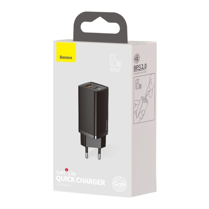 Мережевий зарядний пристрій Baseus GaN2 Lite Quick Charger C+U 65W EU Black