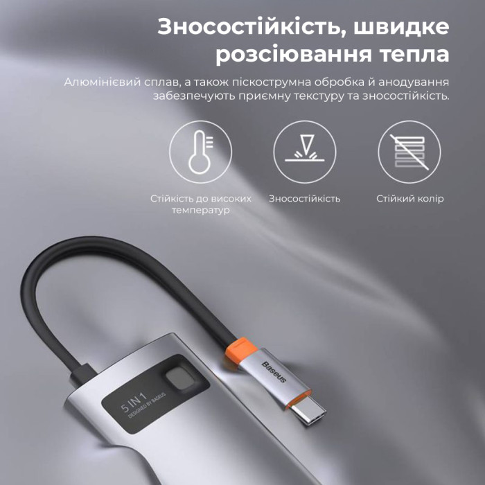 USB-хаб Baseus Metal Gleam Series 5-in-1 Multifunctional （Type-C to HDMI*1+USB3.0*3+PD*1)
