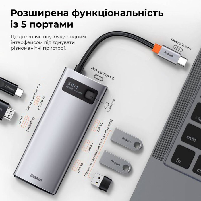 USB-хаб Baseus Metal Gleam Series 5-in-1 Multifunctional （Type-C to HDMI*1+USB3.0*3+PD*1)