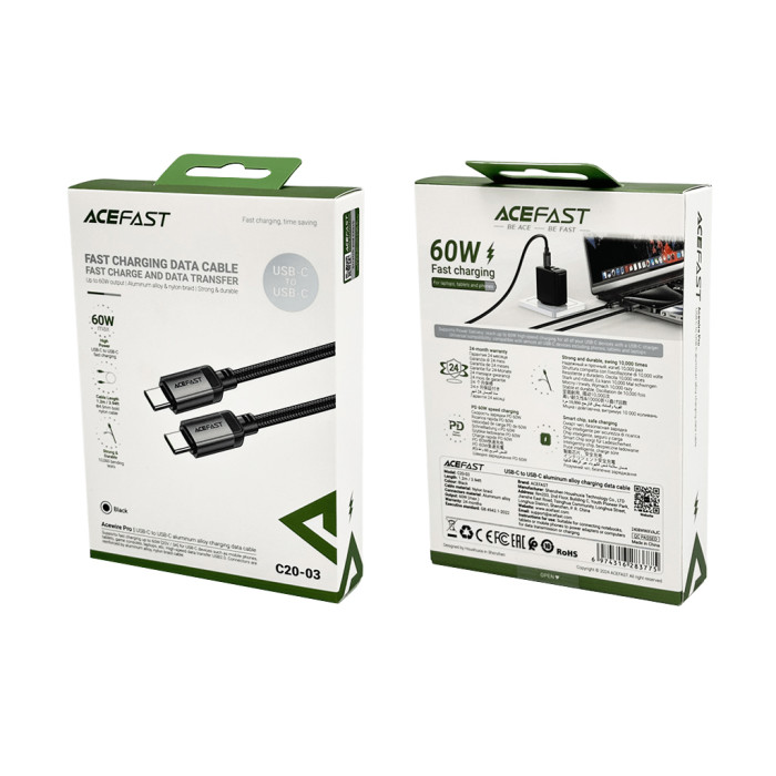 Кабель ACEFAST C20-03 USB-C to USB-C aluminum alloy charging data cable Black