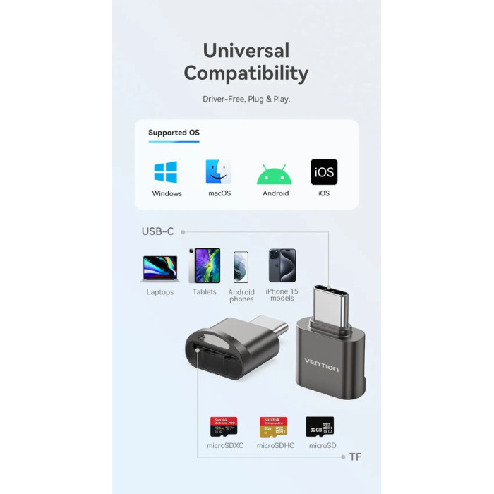 Картридер Vention USB 2.0 Type-C MicroSD Card Reader Gray Zinc Alloy Type