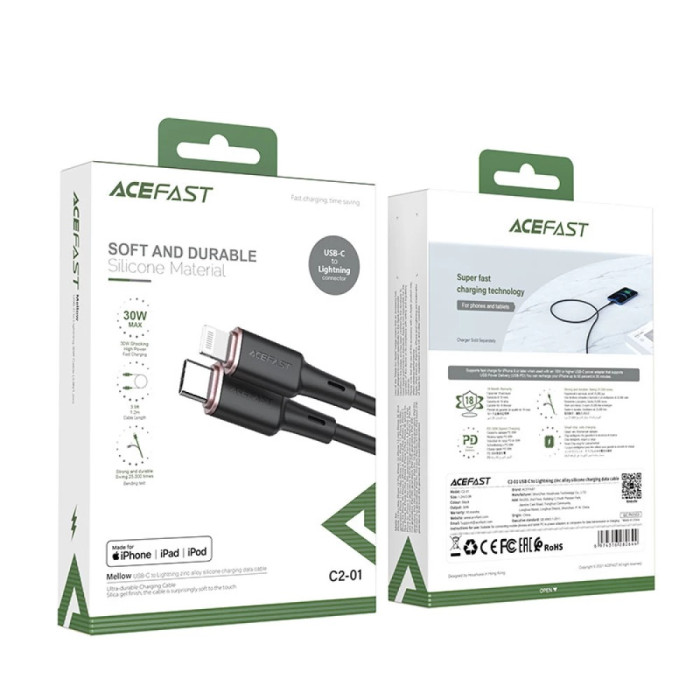 Кабель ACEFAST C2-01 Type-C to iP 3A, 20W, 1.2m silicone, zinc connectors, Black