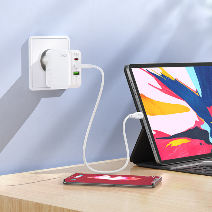 Мережевий зарядний пристрій HOCO C115A Header PD65W GaN three-port(2C1A) charger White