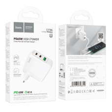 Мережевий зарядний пристрій HOCO C115A Header PD65W  GaN three-port(2C1A) charger White