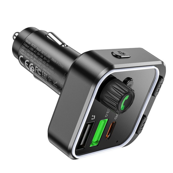 АЗП з FM-модулятором BOROFONE BC53 Highway PD20W+QC3.0 car BT FM transmitter 18W Black