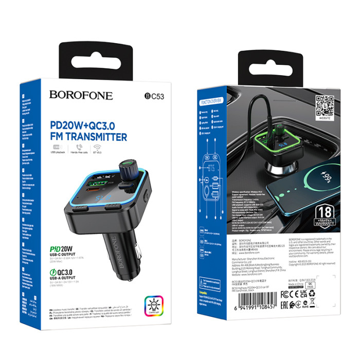 АЗП з FM-модулятором BOROFONE BC53 Highway PD20W+QC3.0 car BT FM transmitter 18W Black