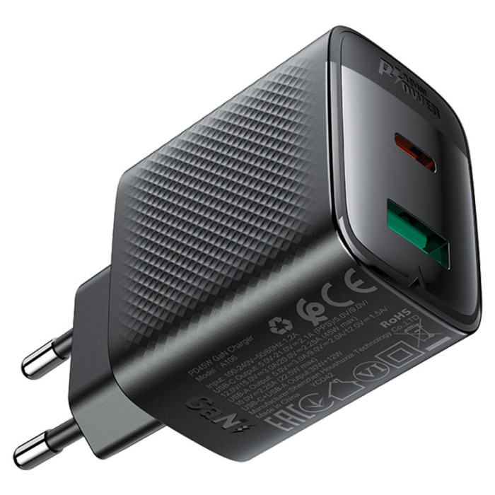 Мережевий зарядний пристрій ACEFAST A106 PD45W GaN (USB-C+USB-A) charger (EU) Black
