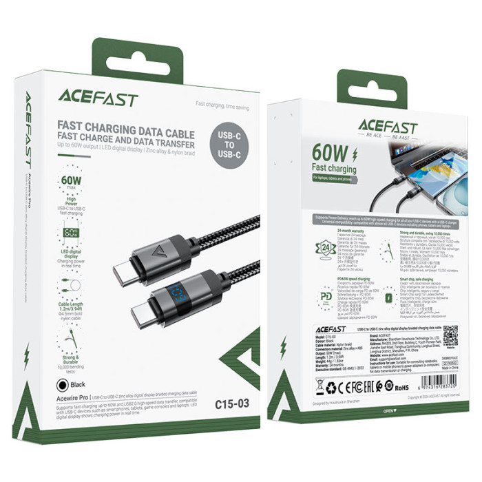 Кабель ACEFAST C15-03 USB-C to USB-C zinc alloy digital display braided charging data cable Black