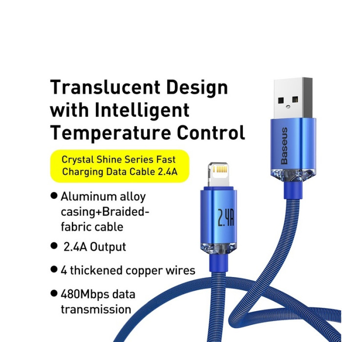 Кабель Baseus Crystal Shine Series Fast Charging Data Cable USB to iP 2.4A 2m Blue