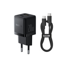 Мережевий зарядний пристрій Baseus Palm Fast Charger C+U 20W EU Cluster Black (with Baseus Mini White Cable USB-C to USB-C 60W (20V/3A) 1m Cluster Bla
