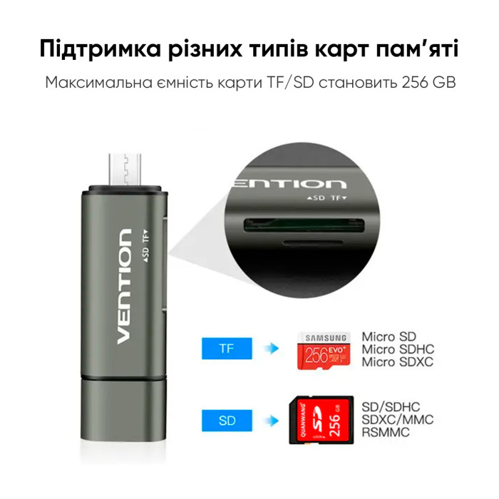 Кардрідер Vention USB3.0 Multi-function Card Reader Gray Metal Type (CCHH0)