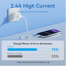 Кабель Vention USB 2.0 Type-A Male to Lightning Male 2.4A Cable 1M White PVC Type