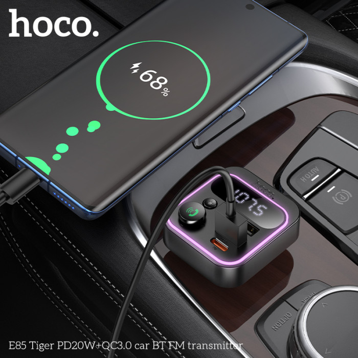 АЗП з FM-модулятором HOCO E85 Tiger PD20W+QC3.0 car BT FM transmitter Black