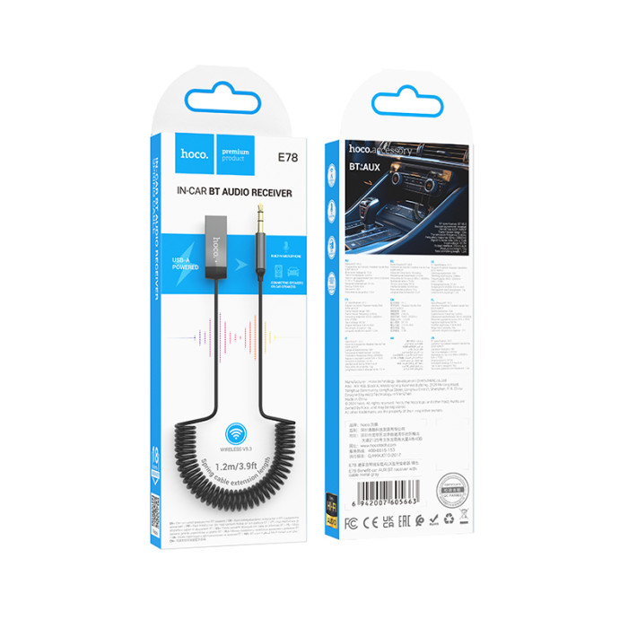 Bluetooth-ресивер HOCO E78 Benefit car AUX BT receiver with cable Black Metal Gray